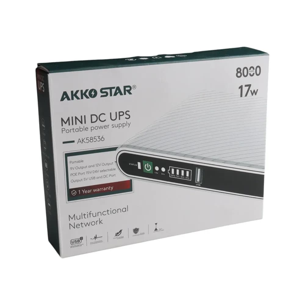جهاز Mini DC UPS من Akko Star بقدرة 17W وبطارية 8000mAh لتشغيل الراوتر وكاميرات المراقبة
